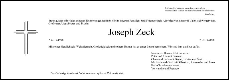  Traueranzeige für Joseph Zeck vom 08.12.2018 aus MGO