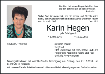 Anzeige von Karin Hegen von MGO