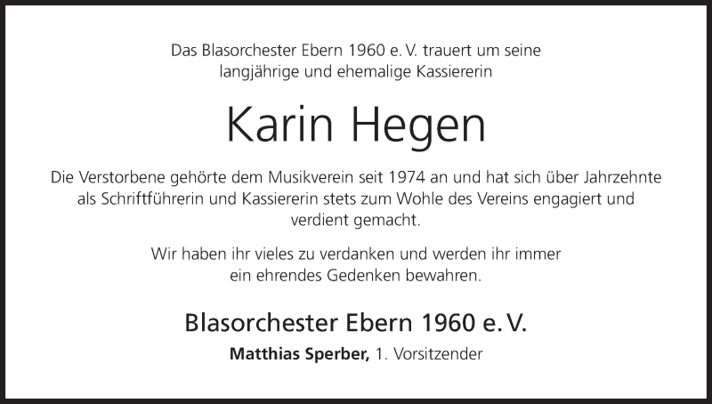  Traueranzeige für Karin Hegen vom 22.12.2018 aus MGO