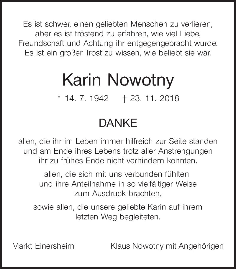  Traueranzeige für Karin Nowotny vom 15.12.2018 aus MGO