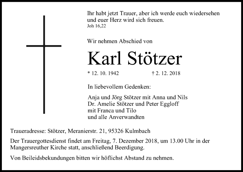 Traueranzeige für Karl Stötzer vom 05.12.2018 aus MGO