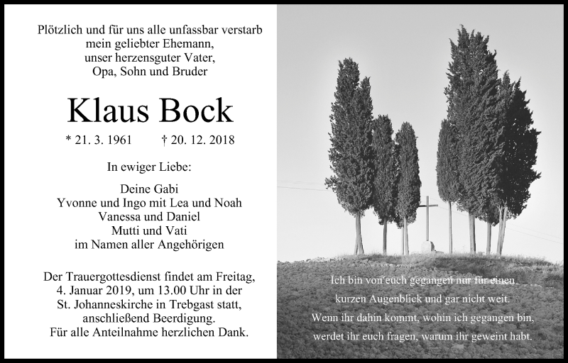  Traueranzeige für Klaus Bock vom 31.12.2018 aus MGO