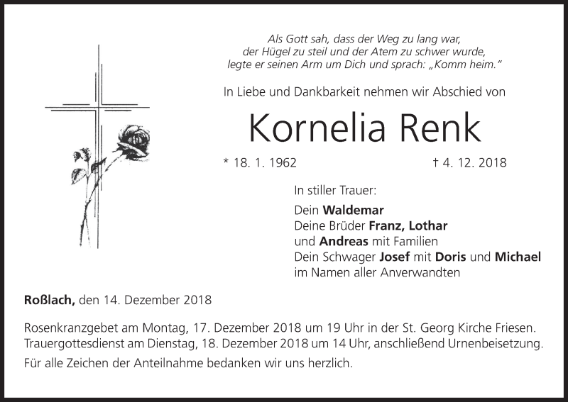  Traueranzeige für Kornelia Renk vom 14.12.2018 aus MGO