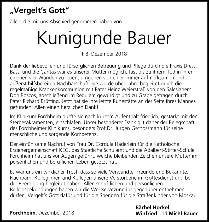  Traueranzeige für Kunigunde Bauer vom 22.12.2018 aus MGO