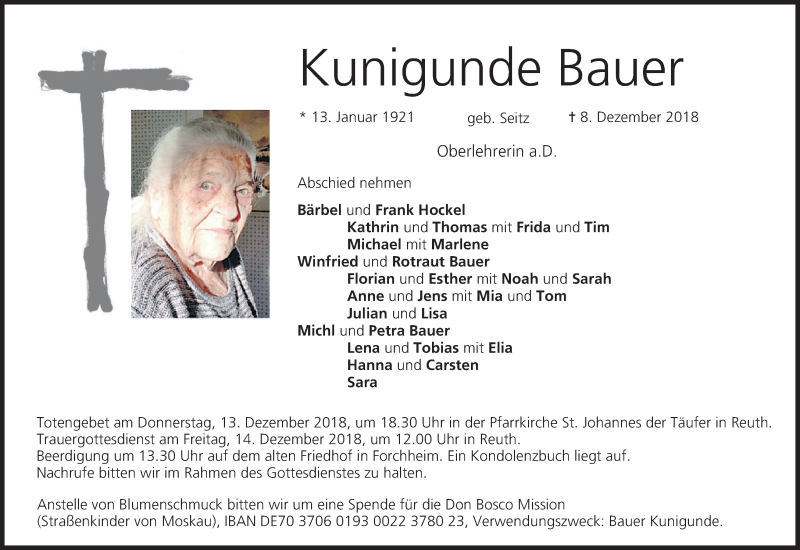  Traueranzeige für Kunigunde Bauer vom 12.12.2018 aus MGO