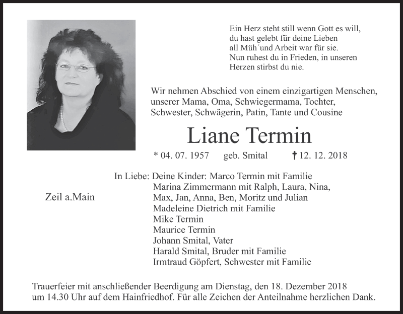  Traueranzeige für Liane Termin vom 15.12.2018 aus MGO