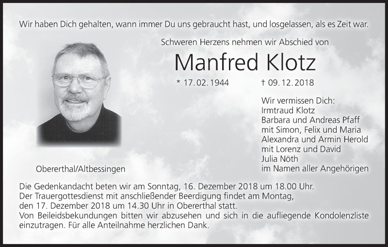  Traueranzeige für Manfred Klotz vom 14.12.2018 aus MGO
