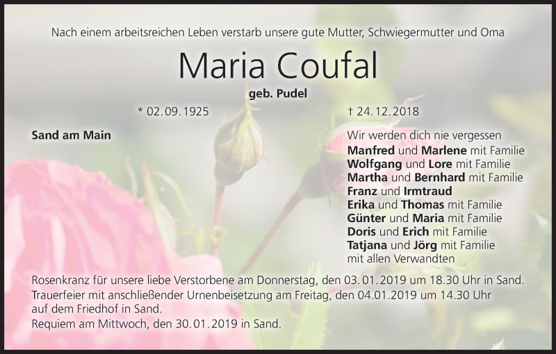  Traueranzeige für Maria Coufal vom 29.12.2018 aus MGO