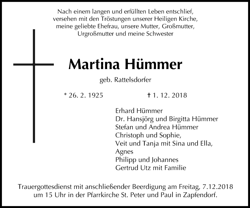  Traueranzeige für Martina Hümmer vom 05.12.2018 aus MGO