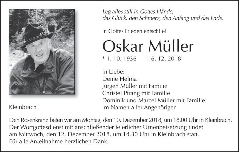  Traueranzeige für Oskar Müller vom 08.12.2018 aus MGO