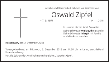 Anzeige von Oswald Zipfel von MGO