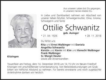 Anzeige von Ottilie Schwanitz von MGO