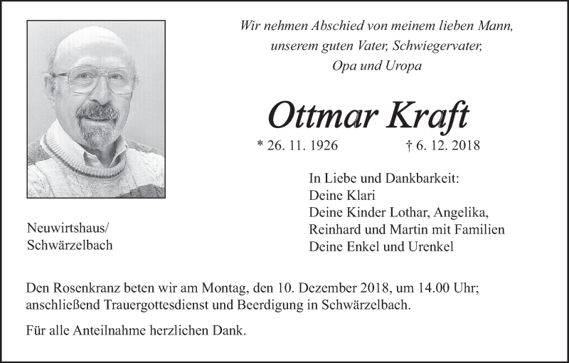 Traueranzeige für Ottmar Kraft vom 08.12.2018 aus MGO