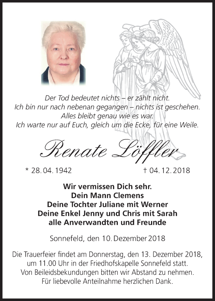  Traueranzeige für Renate Löffler vom 10.12.2018 aus MGO