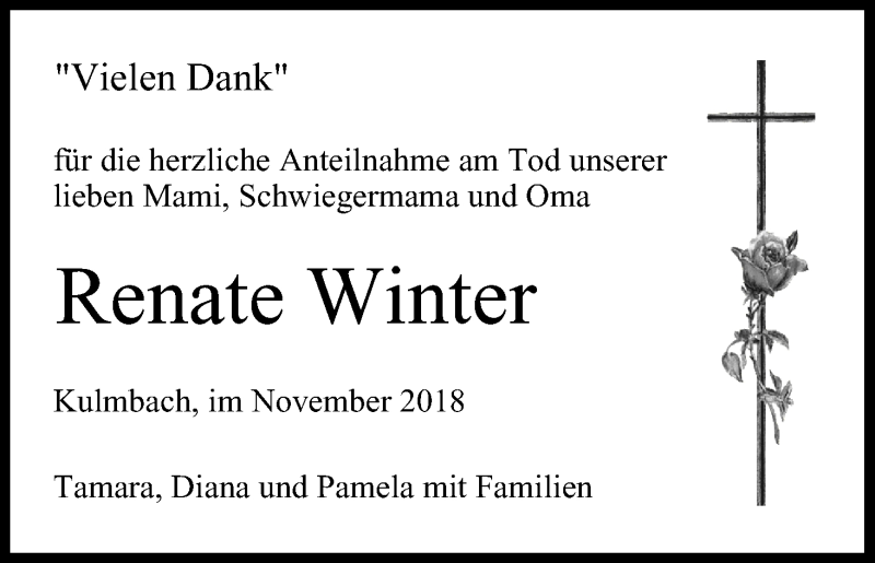  Traueranzeige für Renate Winter vom 01.12.2018 aus MGO