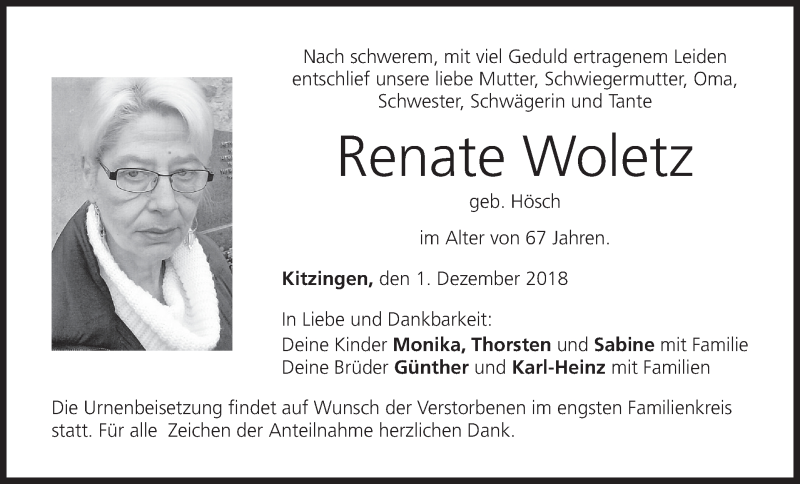  Traueranzeige für Renate Woletz vom 05.12.2018 aus MGO