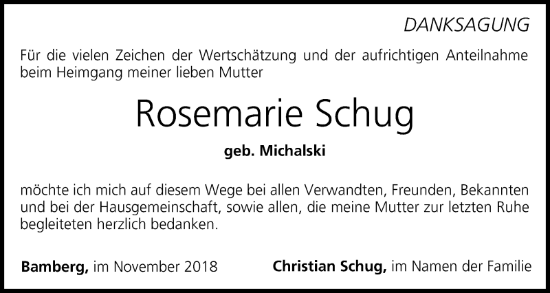  Traueranzeige für Rosemarie Schug vom 01.12.2018 aus MGO
