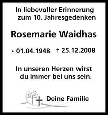 Anzeige von Rosemarie Waidhas von MGO