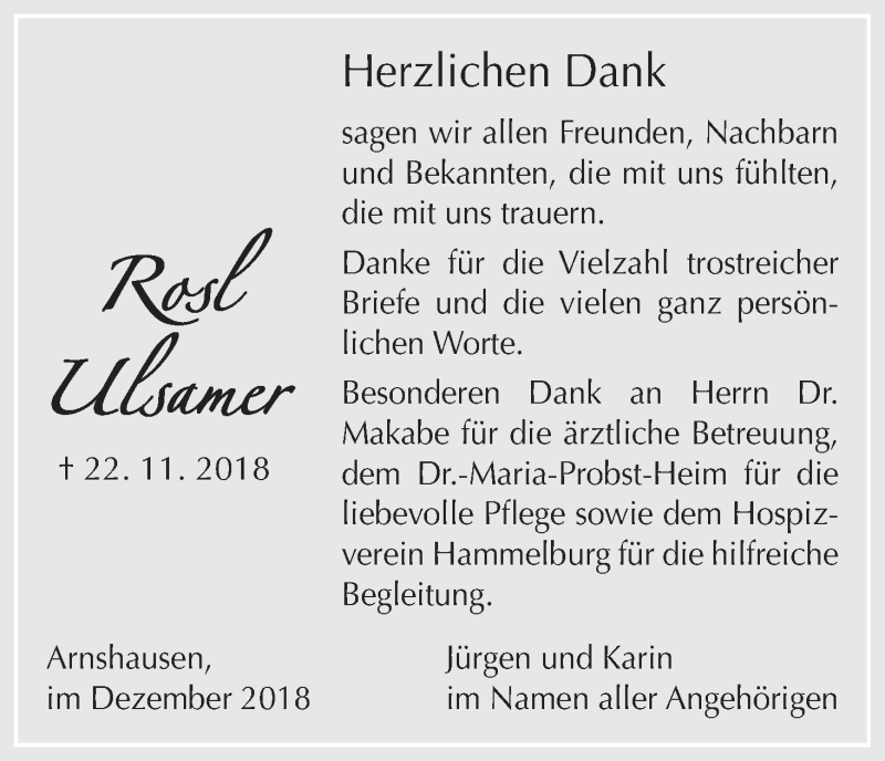  Traueranzeige für Rosl Ulsamer vom 08.12.2018 aus MGO