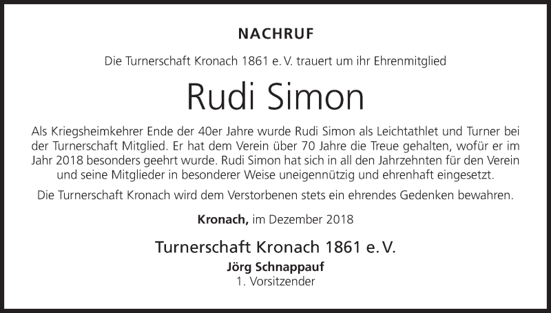  Traueranzeige für Rudi Simon vom 22.12.2018 aus MGO