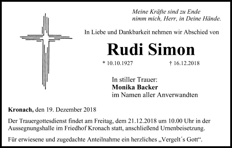  Traueranzeige für Rudi Simon vom 19.12.2018 aus MGO