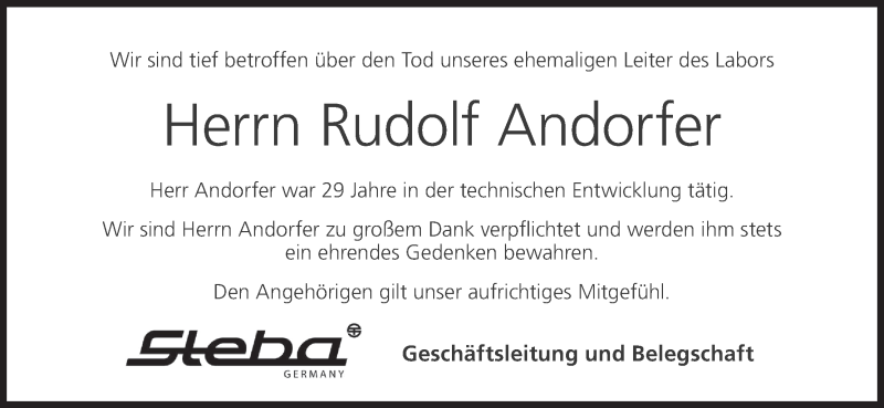  Traueranzeige für Rudolf Andorfer vom 29.12.2018 aus MGO