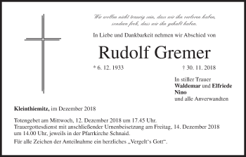 Anzeige von Rudolf Gremer von MGO