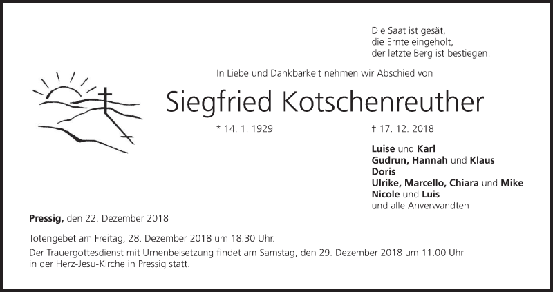  Traueranzeige für Siegfried Kotschenreuther vom 22.12.2018 aus MGO
