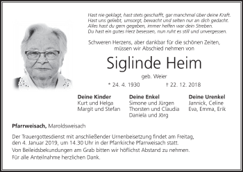 Anzeige von Siglinde Heim von MGO