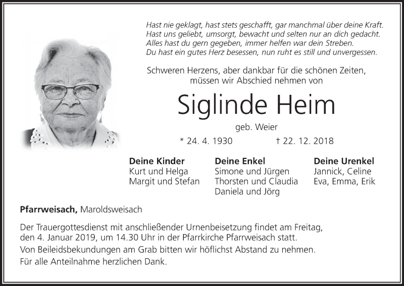  Traueranzeige für Siglinde Heim vom 29.12.2018 aus MGO
