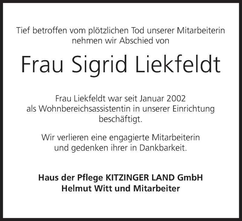  Traueranzeige für Sigrid Liekfeldt vom 29.12.2018 aus MGO