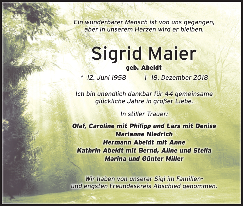  Traueranzeige für Sigrid Maier vom 24.12.2018 aus MGO