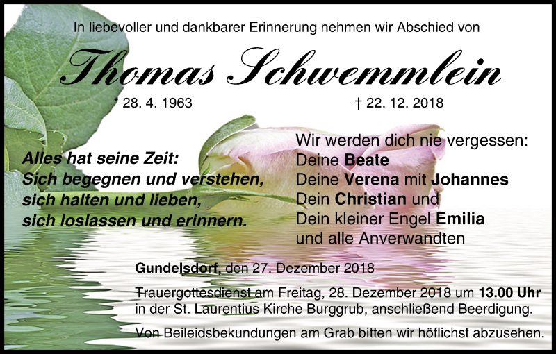  Traueranzeige für Thomas Schwemmlein vom 27.12.2018 aus MGO
