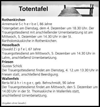 Anzeige von Totentafel vom 04.12.2018 von MGO