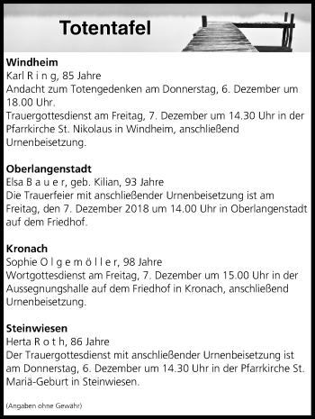 Anzeige von Totentafel vom 06.12.2018 von MGO