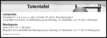 Anzeige von Totentafel vom 07.12.2018 von MGO