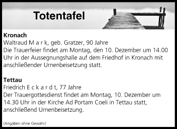 Anzeige von Totentafel vom 08.12.2018 von MGO