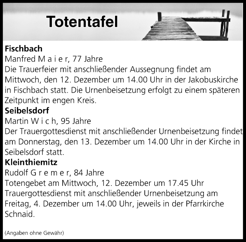  Traueranzeige für Totentafel vom 11.12.2018 vom 11.12.2018 aus MGO