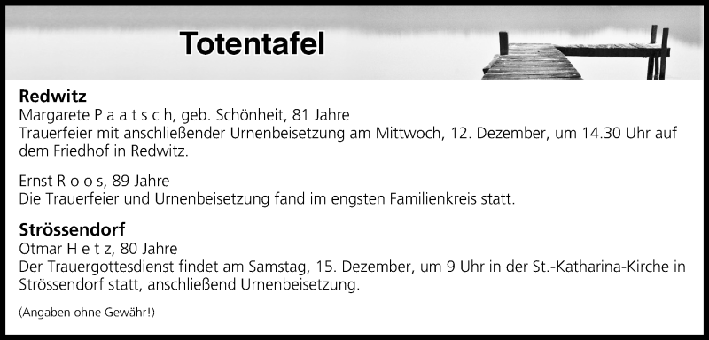  Traueranzeige für Totentafel vom 11.12.2018 vom 11.12.2018 aus MGO