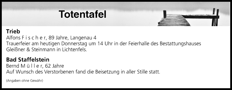 Traueranzeige für Totentafel vom 13.12.2018 vom 13.12.2018 aus MGO