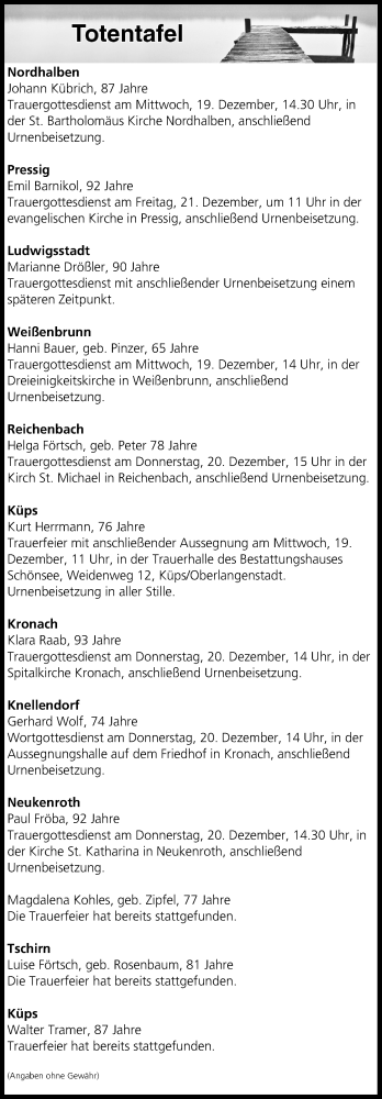Anzeige von Totentafel vom 19.12.2018 von MGO