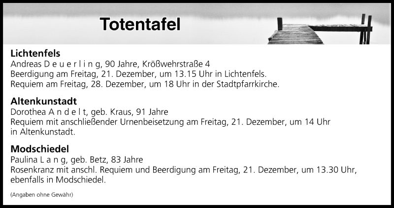  Traueranzeige für Totentafel vom 20.12.2018 vom 20.12.2018 aus MGO