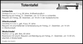 Anzeige von Totentafel vom 20.12.2018 von MGO
