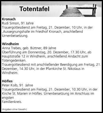 Anzeige von Totentafel vom 20.12.2018 von MGO