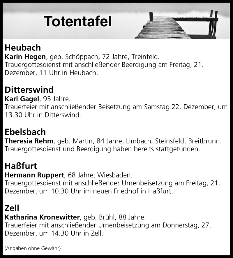  Traueranzeige für Totentafel vom 21.12.2018 vom 21.12.2018 aus MGO