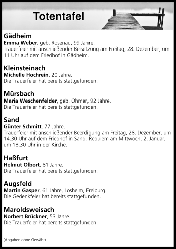 Anzeige von Totentafel vom 28.12.2018 von MGO