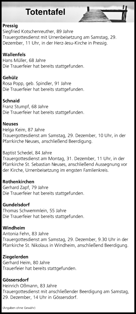  Traueranzeige für Totentafel vom 29.12.2018 vom 29.12.2018 aus MGO