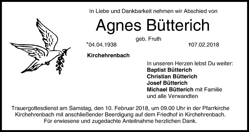  Traueranzeige für Agnes Bütterich vom 09.02.2018 aus MGO