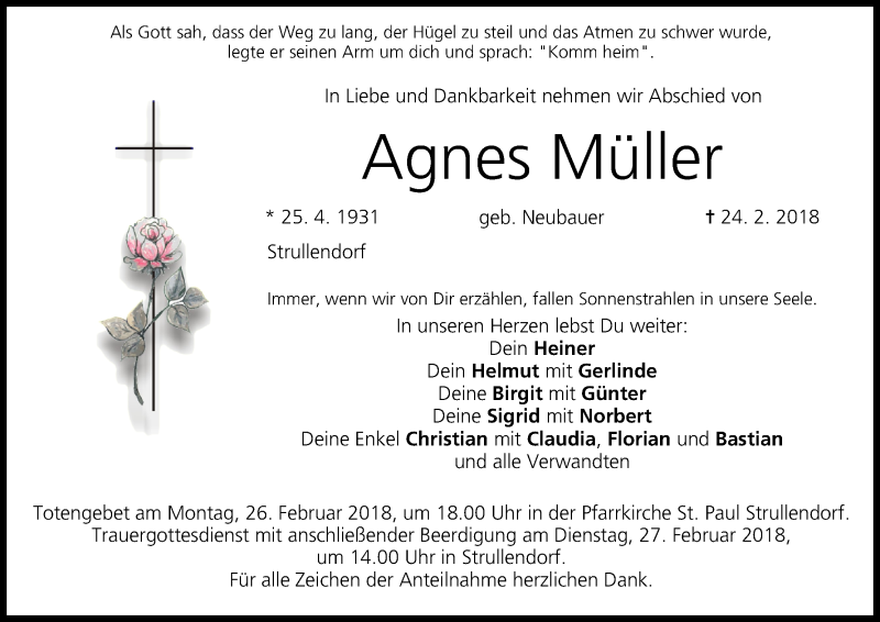  Traueranzeige für Agnes Müller vom 26.02.2018 aus MGO