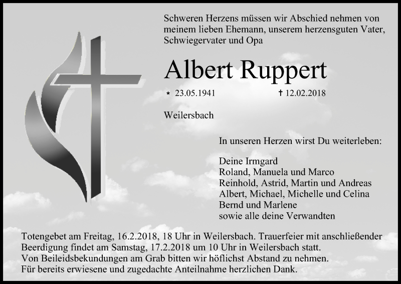  Traueranzeige für Albert Ruppert vom 15.02.2018 aus MGO